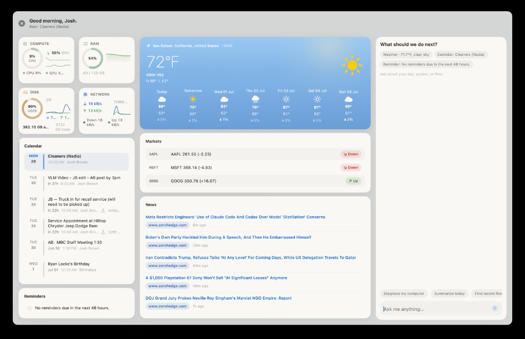 Mugi global Dashboard panel — system vitals, calendar, weather, markets, news, and agent chat