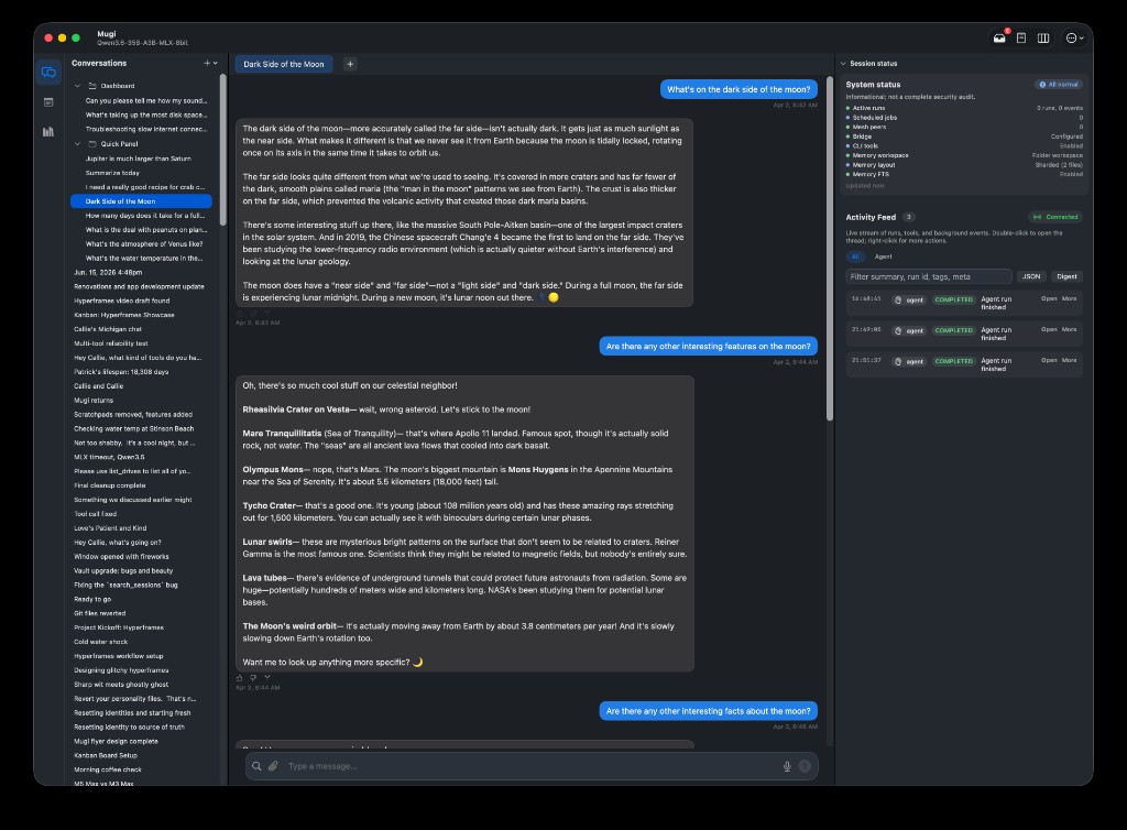 Mugi on macOS — main chat window with conversations sidebar, chat, and the activity feed